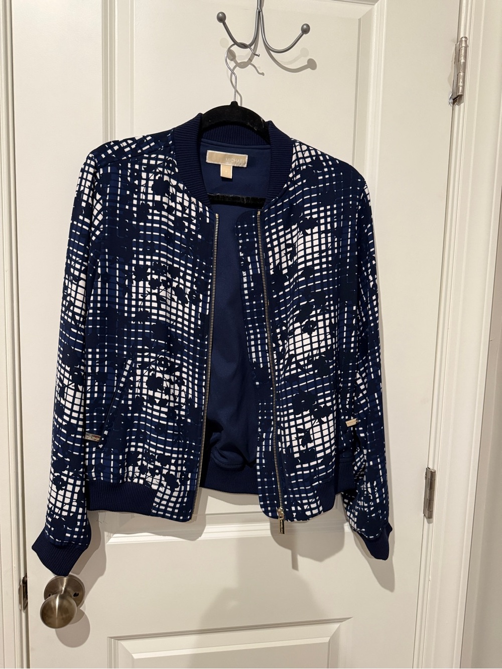Michael Kors Navy and White Grid-Print Bomber Jacket